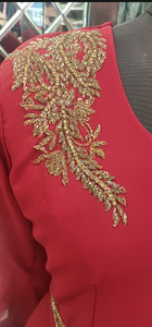Vestido de Noche Largo Color Borgoña Personalizado para Mujer |   Vestido Formal de Línea A con Bordado Dorado y Malla Transpirable |   Vestido de Cintura Natural - Product Image 3