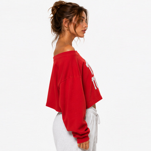 Sweat-shirt court oversize pour femme, coupe épaules dénudées, effet usé, broderie lettres, 380 GSM - Product Image 4