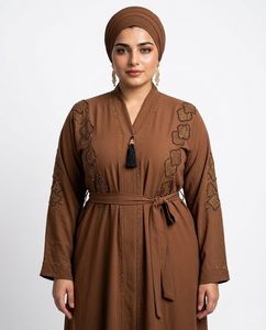 Elegante Abaya Marrón con Cuentas, Cuello en V, Manga Larga, Vestido Maxi Modesto para Mujer, Talla Grande, Estilo de Medio Oriente, Algodón, Corte Holgado - Product Image 1