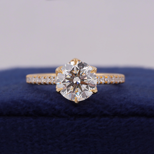 Women's 18K Gold Round <b>Diamond</b> Engagement <b>Ring</b> Prong Setting Pave Band Classic Style - Product Image 6