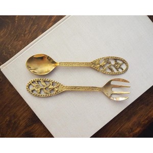 Golden Aluminum Customizable Salad Servers Set With Floral Design Metal Utensils For Serving Salads - Product Image 1