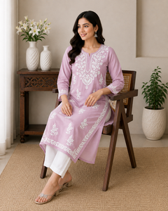 Elegant Lavender Hand Embroidered Lucknowi <b>Chikankari</b> Straight <b>Kurti</b> - Premium Cotton Ethnic Tunic Top for Women - Product Image 2