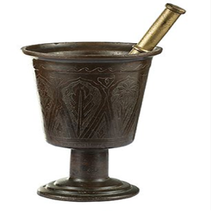 Antique brass mortar and pestle set featuring a flared rim bowl design, available at wholesale prices. - Product Image 2