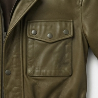 Veste en cuir vert olive pour homme, style workwear, col rabattu, fermeture éclair, quatre poches, doublure en coton, vêtement d'automne