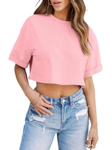 Top Corto Rosa con Manga Corta, Ecológico, Transpirable, Sin Costuras, para Mujer, Material de Algodón y Poliéster que Absorbe la Humedad - Product Image 1