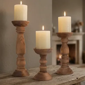 Lot de trois bougeoirs cylindriques élégants en bois massif faits à la main pour la décoration intérieure, mariages et banquets - Product Image 5