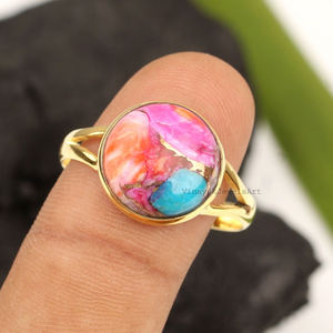 Bagues tendance en argent sterling 925 plaqué or 18 carats avec dahlia orange naturel et turquoise cuivre, rondes de 10 mm, pour anniversaire et éternité - Product Image 4