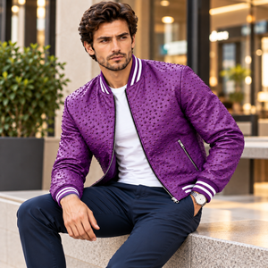 <b>Men</b>’s <b>Purple</b> Ostrich Leather Bomber Jacket Luxury Textured Zip Up Fashion Outerwear - Product Image 5