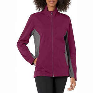 Veste polaire bleu marine pour femme avec fermeture éclair intégrale, empiècements gris contrastants, col montant, coupe-vent, idéale pour l'automne - Product Image 4