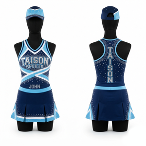 Uniforme de cheerleading en polyester premium 240 GSM, logo personnalisé en strass, design à panneaux bleus, antibactérien, respirant, manches courtes - Product Image 1