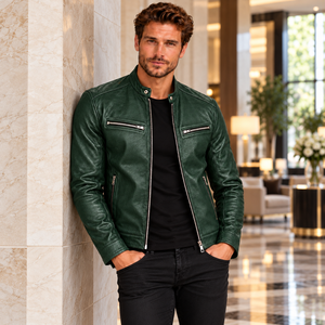 Veste d'extérieur en cuir véritable vert pour homme OEM, design moderne à col montant avec poches zippées sur la poitrine et sur les côtés - Product Image 1