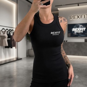 REXFITSPORTS 2026 Camiseta sin mangas acanalada para mujer con logo personalizado, ajuste ceñido, para gimnasio, fitness, deportes, entrenamiento, chaleco, ropa deportiva de marca privada - Product Image 1