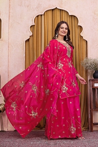 Modern Festive Fendy Silk Embroidered Kurta Set Palazzo Boring Craft Dupatta Wedding Party Ethnic Outfit For Women - Product Image 2