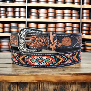 Ceinture en cuir véritable style western unisexe, imprimée par transfert thermique à motif floral, vintage, couleur tan, boucle ardillon, largeur 1-1,5 pouces - Product Image 1