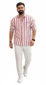 Chemise décontractée pour homme en polyester 100% à imprimé chevrons rose et blanc, manches courtes, col rabattu, haut d'été - Product Image 4