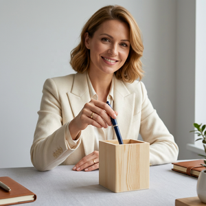 Wooden Square Pen Holder Natural Finish Office <b>Desk</b> Organizer Durable Build by handmade collection - Product Image 1