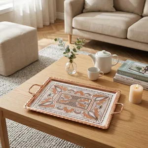 Plateau de service rectangulaire décoratif de luxe pour la décoration de la maison, table basse d'hôtel, design floral traditionnel, plateau à thé et à en-cas - Product Image 5