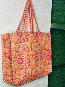 Botanical Print Eco-friendly Cotton Tote <b>Bag</b> | Orange for Quilted Floral Design | Handmade Fashion Shoulder Tote for Women - Product Image 4