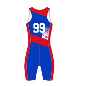 Maillot de compétition de rowing bleu roi et rouge pour homme, sans manches, uniforme de performance, singlet de course, personnalisable, vente en gros pour équipes sportives - Product Image 2