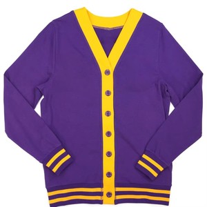 Logotipos personalizados bordados en suéter de punto morado para hermandades universitarias, suéter varsity unisex. - Product Image 1