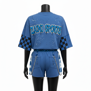 ชุดเสื้อยืดและกางเกงขาสั้นผู้หญิง ผ้าฝ้ายพรีเมียม เฟรนช์เทอร์รี่ 260 กรัม ดีไซน์สีน้ำเงิน ปักลาย ปักโลโก้ตามสั่ง ชุดเซ็ตผู้หญิง - Product Image 2