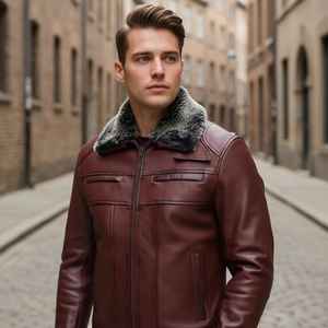 Chaqueta de Cuero Genuino de Piel de Oveja para Hombre |   Abrigo de Invierno con Cuello de Piel Sintética - Product Image 1