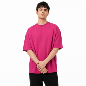 Camiseta de algodón de manga corta con cuello redondo, color rosa liso, estilo casual, de punto jersey, teñido liso, para hombre, talla grande - Product Image 1