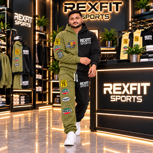 Rexfit sports2026 Custom Olive <b>Green</b> <b>Black</b> Men’s Zip Hoodie Tracksuit Set | Color Block Matching Jogger Pants | Wholesale Sports - Product Image 1