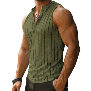 Bulk Men's Breathable Cotton <b>Linen</b> Sleeveless Shirt Vertical Stripe Henley Tank Top Slim Fit Mandarin Collar Tank Tops For Men - Product Image 1