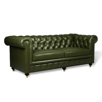 Canapé Chesterfield vert capitonné en cuir véritable, rectangulaire, écologique, trois places, design moderne du milieu du siècle pour la maison