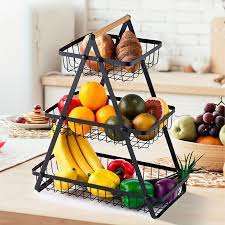 Panier de rangement contemporain à 3 niveaux en métal noir pour fruits et légumes, élégant organisateur de cuisine, support pour bols - Product Image 5