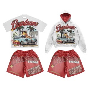 Wholesale Breathable Summer T-Shirt <b>Set</b> Brand Streetwear T-Shirt <b>Set</b> Men's Cotton Printed Tee & Shorts Summer Casual Outfit Red - Product Image 1