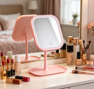 Pink LED Makeup <b>Mirror</b> <b>Desktop</b> Cosmetic Vanity Lighted Folding <b>Mirror</b> Touch Control USB Rechargeable for Travel - Product Image 1