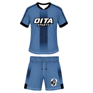 Ensemble de rugby bleu acier et noir, maillot à manches courtes et col rond avec short assorti, respirant, pour l'entraînement d'équipe et les performances sportives - Product Image 1