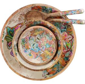 Hermoso tazón de madera con estampado de esmalte, hecho a mano con diseño floral, tazón de madera de acacia para servir ensaladas, para uso en restaurantes y hoteles, vajilla. - Product Image 4
