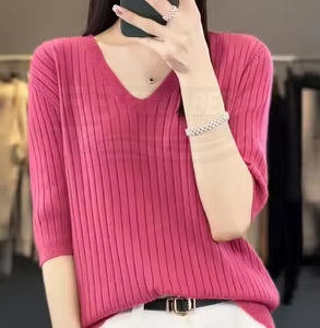 Suéter de Moda Casual de Alta Costura para Mujer, de Algodón, Manga Corta, Cuello Redondo, Delgado, para Primavera/Verano, Corte Regular, Tejido de Punto - Product Image 2