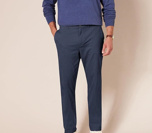 Pantalon chino en coton bleu marine pour homme, coupe droite, taille mi-haute, devant plat, fermeture boutonnée, tissu Oxford décontracté, respirant, tissé - Product Image 1