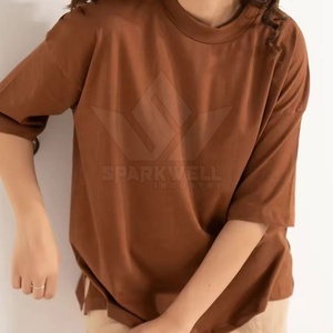เสื้อยืดโอเวอร์ไซส์สีน้ำตาลล้วน คอกลม แขนครึ่งตัว ผ้าฝ้าย ทรงหลวม สไตล์ลำลอง สตรีทแวร์ สำหรับฤดูร้อน - Product Image 5