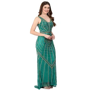 Elegant Green Sequined Sheath Gown V Neck Spaghetti Strap Maxi <b>Dress</b> Geometric Pattern Evening <b>Dress</b> - Product Image 4