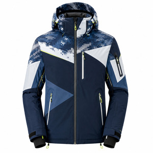 Men's Hooded Ski <b>Jacket</b> <b>Waterproof</b> 10,000mm for Power Stretch Sublimation Print Blue White Geometric Design - Product Image 1