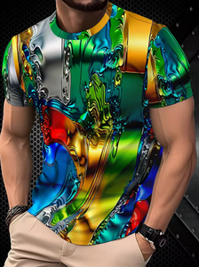Camiseta de Manga Corta con Cuello Redondo para Hombre, con Estampado Abstracto Colorido, Corte Regular, Ropa Casual, Tejido Transpirable de Poliéster - Product Image 3