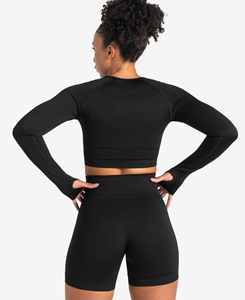 2026 Wholesale Women's Solid Black 2 Piece Yoga Set Breathable Long Sleeve <b>Crop</b> <b>Top</b> Mid Waist Shorts Seamless Low MOQ 180g - Product Image 4