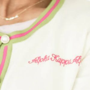 Cárdigan Bordado AKA para Mujer, Suéter de Punto con Botones Delanteros, Ribete Rosa y Verde, Ligero, Elegante, Chaqueta de Estilo Griego para Hermandades - Product Image 2