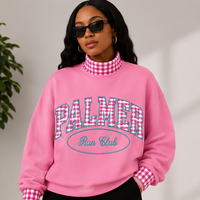 Sweat-shirt surdimensionné pour femme à col montant, personnalisé avec applique lettre PALMER en gingham, texte brodé Run Club, style preppy universitaire