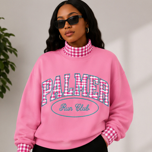 Sweat-shirt surdimensionné pour femme à col montant, personnalisé avec applique lettre PALMER en gingham, texte brodé Run Club, style preppy universitaire - Product Image 5