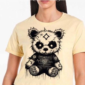 Camiseta Negra de Cuello Redondo para Mujer, Estampado Digital de Chica de Dibujos Animados, Estilo Denim, Manga Corta, Corte Regular, Casual, Ecológica, Verano, con Botones - Product Image 2