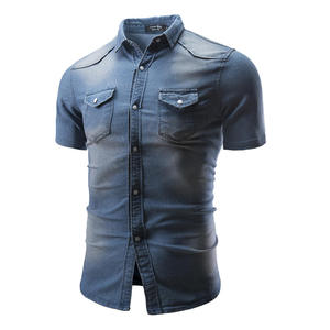 Chemises en jean à manches courtes pour hommes, 100 % coton sergé, tissu respirant, vêtements décontractés d'été, vêtements de sport, lavage personnalisé, chemises en jean pour hommes - Product Image 4