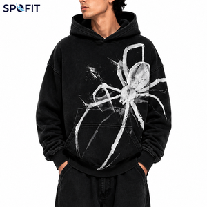 Sudadera con Capucha Oversize Unisex, Estampado de Araña Negra, Tejido Casual, 100% Algodón, Bordada, Estilo Urbano Otoñal, Manga Regular - Product Image 2