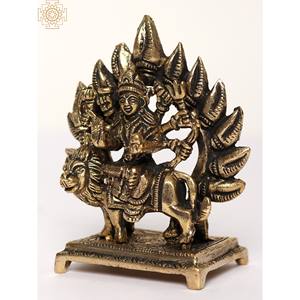 รูปปั้นเทพีดูร์กาทองเหลืองทำมือขนาด 4 นิ้ว พร้อมฐานอัสตาบูจา งานฝีมือสำหรับตกแต่งบ้านและของขวัญ ผลิตในอินเดีย - Product Image 3