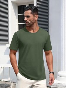 Camiseta de Manga Corta para Hombre, Cuello Redondo, Color Verde Sólido, Corte Regular, Estilo Casual, Tejido de Punto, 100% Algodón, Diseño Liso - Product Image 3